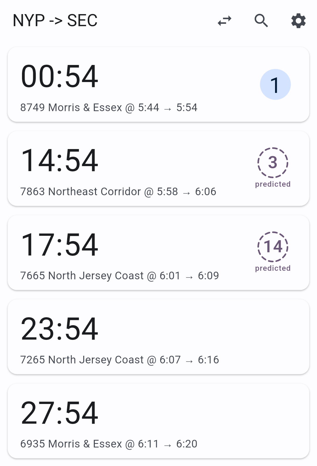 New York Penn to Secaucus departures: the next train shows its posted track, and the two after it show predicted tracks 3 and 14